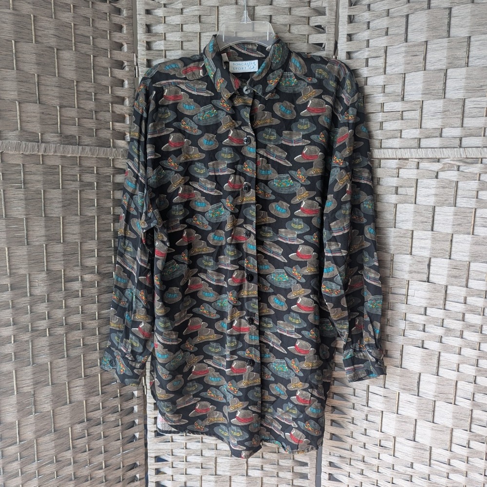 Vtg 90s Doncaster Sport Button Up Long Sleeve Cowboy Hat Print Western Sz 12